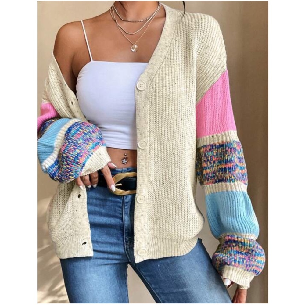 Cozy Color Block Button Down Oversized Sweater Top